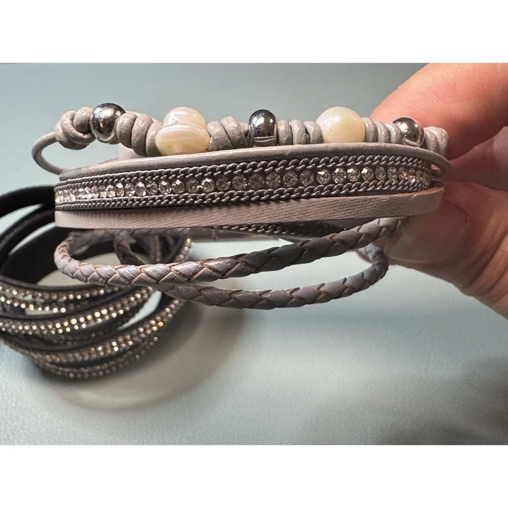 4 Piece Bracelet Stack Lot Wraps Rhinestones Pearls Leather